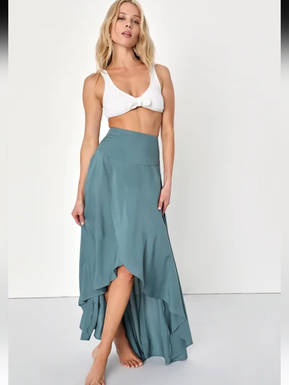O'Neill Sage Green Ambrosio Lagenlook Flowy Beachy High-Low Maxi Skirt, S